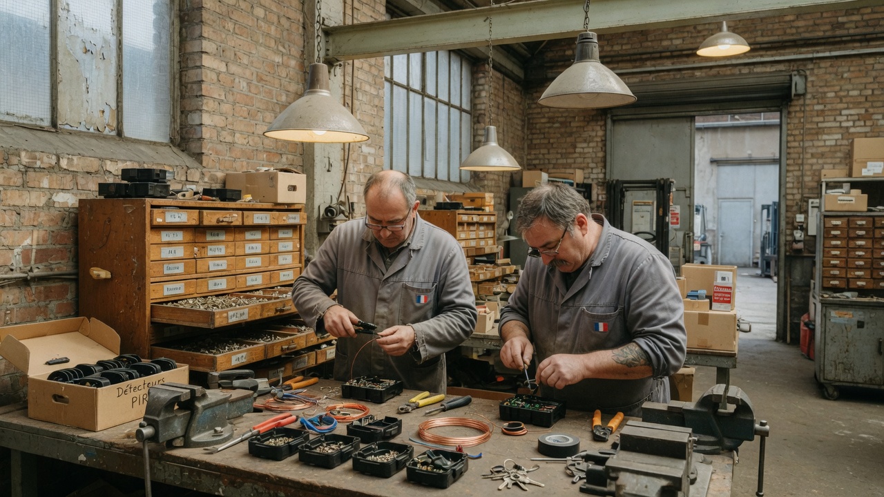 Atelier de Gerland : deux poseurs en blouse grise assemblent des détecteurs sous des lampes industrielles, établi de cuivre et d’outils.