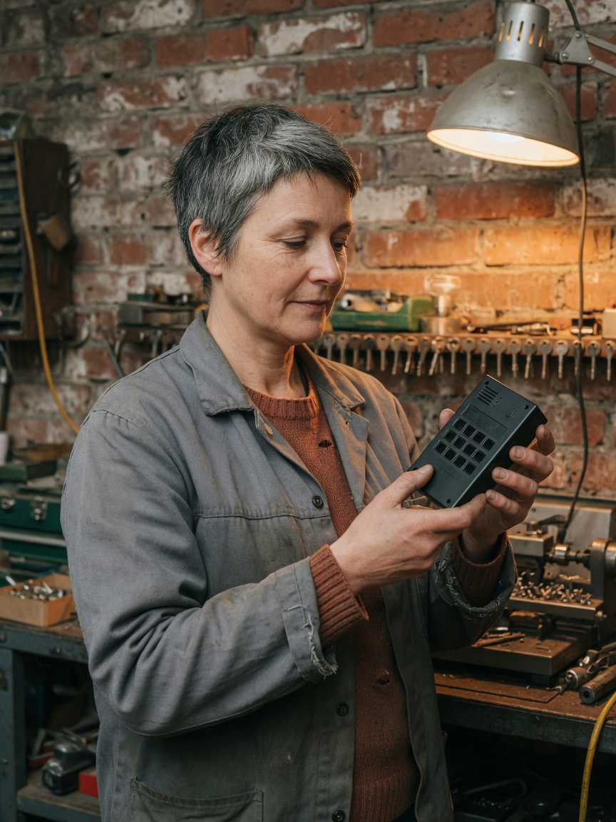 Claire Renaud, gérante, examine un boîtier de clavier dans l’atelier, veste de travail grise sur un pull rouille.