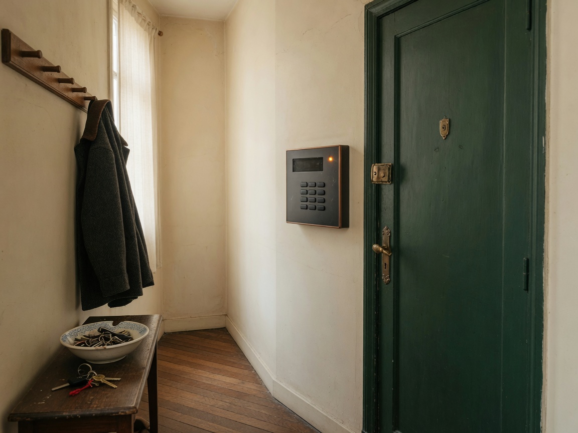Entrée d’appartement lyonnais, porte verte, clavier d’alarme anthracite à liseré cuivre au mur, manteau sur patère.