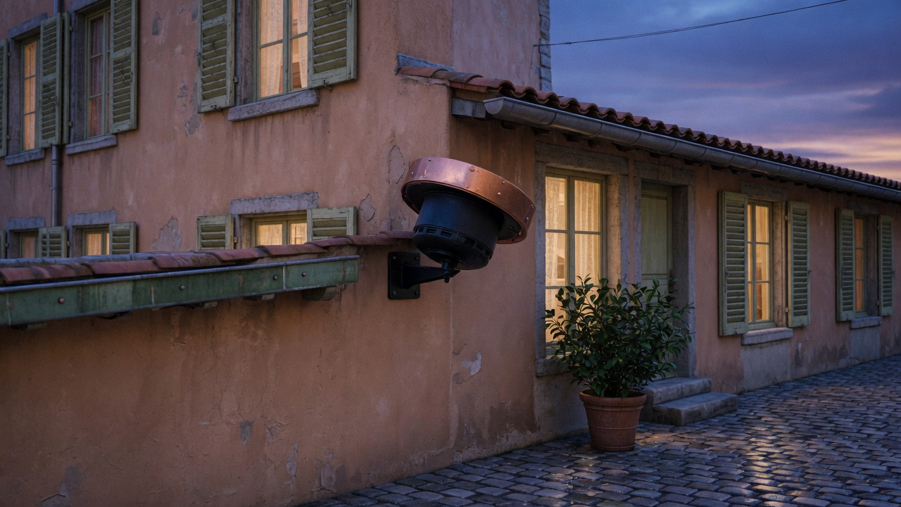 Façade ocre d’une maison lyonnaise au crépuscule, sirène extérieure cuivrée sous l’avant-toit, pavés humides.