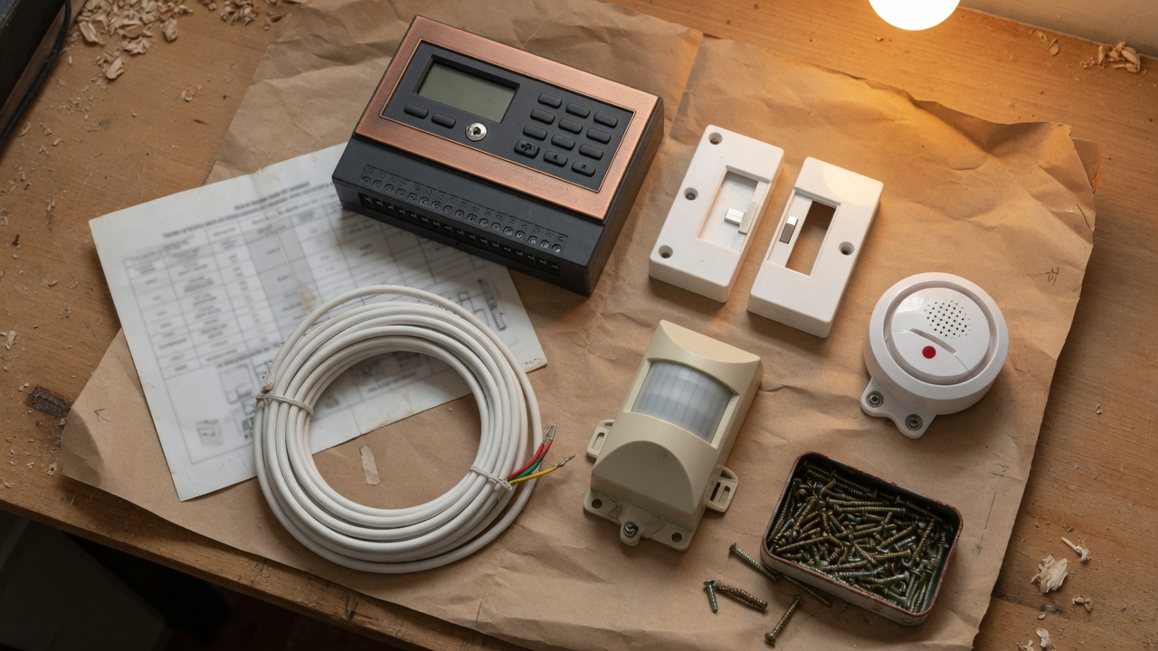 Kit d’alarme étalé sur du papier kraft : centrale cuivrée, contacts blancs, détecteur, sirène, câble et vis.