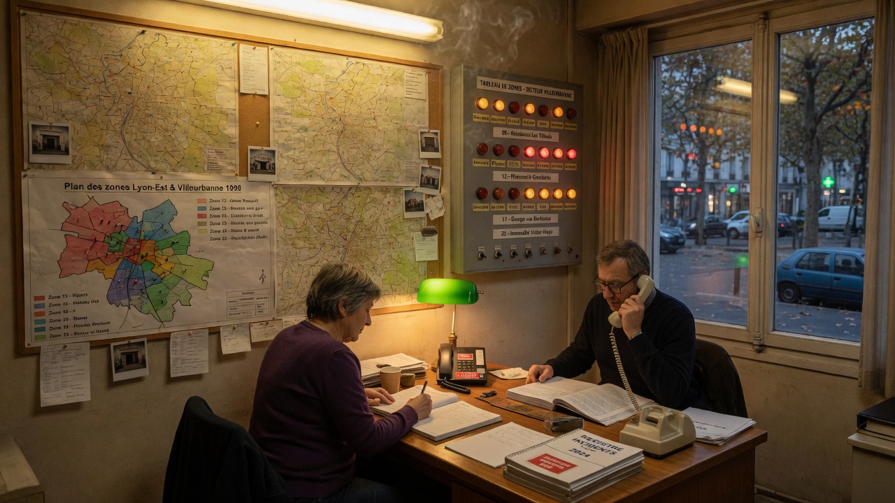 Petit bureau de veille à Villeurbanne : cartes de Lyon épinglées, tableau de voyants, deux opérateurs au téléphone.